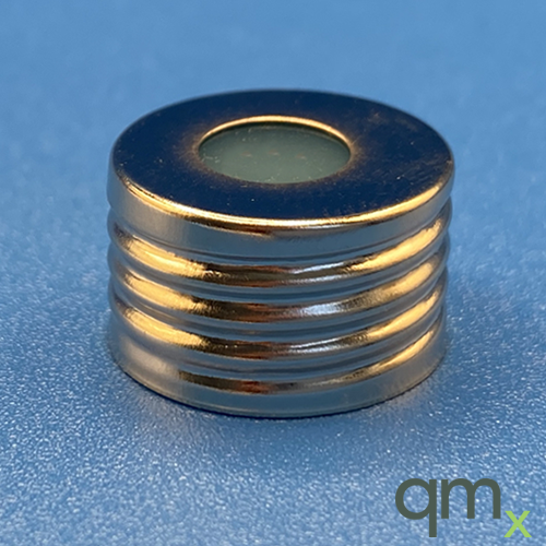 18mm Silver Metal Closure with 0.125" White PTFE/Translucent Blue Silicone Lined