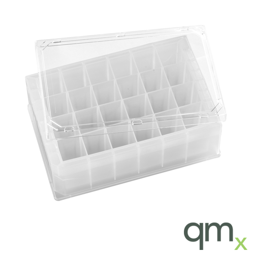 24 Square well, V-bottom 10ml/well polypropylene sterile complete with lid & barcode