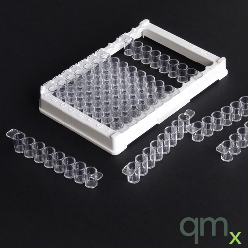 96 well Plate, 8 well strips on 12x8 Frame, Flat Bottom, Clear Polystyrene, Medium Binding