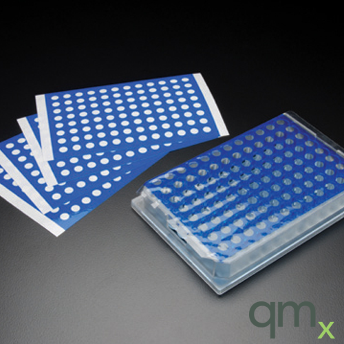 Pattern printed sealing film with no adhesive over the wells 96 round well