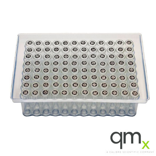 1.0ml Clear Borosilicate Glass Flat Bottom Vial, Bottom Barcode, 9x30mm in Vial Loader (96/loader)