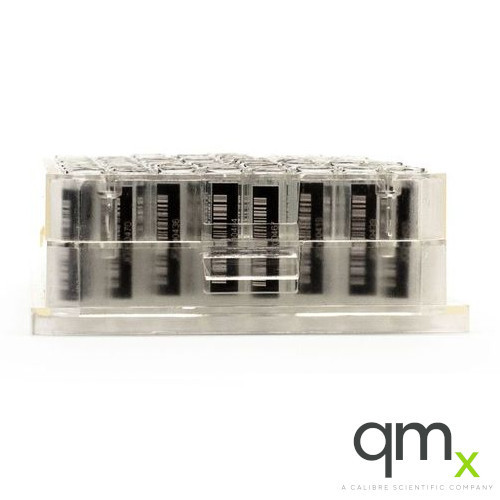 1.0ml Clear Borosilicate Glass Flat Bottom Vial, Bottom/Side Barcode, 9x30mm in Multi-Tier Plate Base Plate (96/plate)