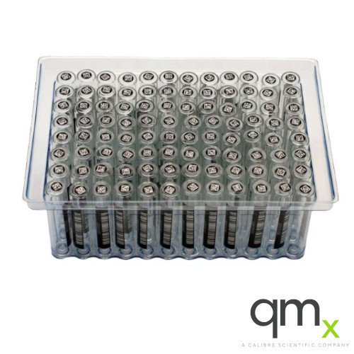 1.5ml Clear Borosilicate Glass Flat Bottom Vial, Bottom/Side Barcode, 9x44mm in Vial Loader (96/loader)