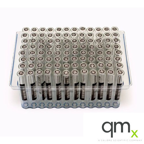 2.0ml Clear Borosilicate Glass Flat Bottom Vial, Bottom/Side Barcode, 9x50mm in Vial Loader (96/rack)